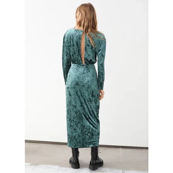 & Other Stories Velvet Keyhole Back Midi Dress Long Sleeve Teal Green Size 4 - Picture 14 of 15